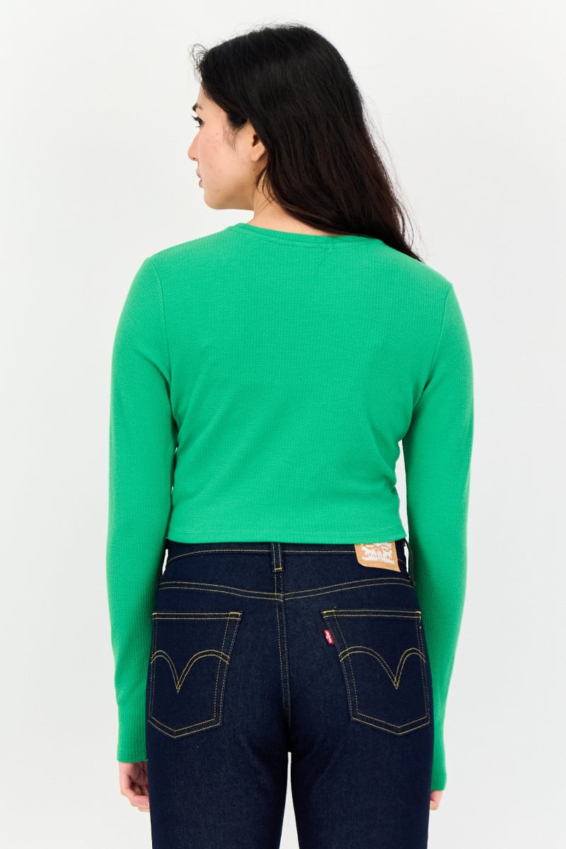 Reserved Women Round Neck Long Sleeve Textured Top, Green - Image 3