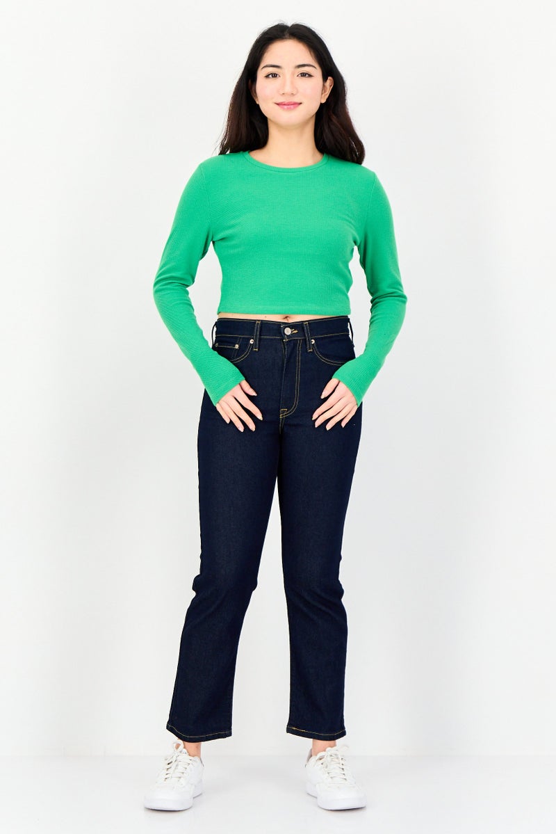 Reserved Women Round Neck Long Sleeve Textured Top, Green - Image 4