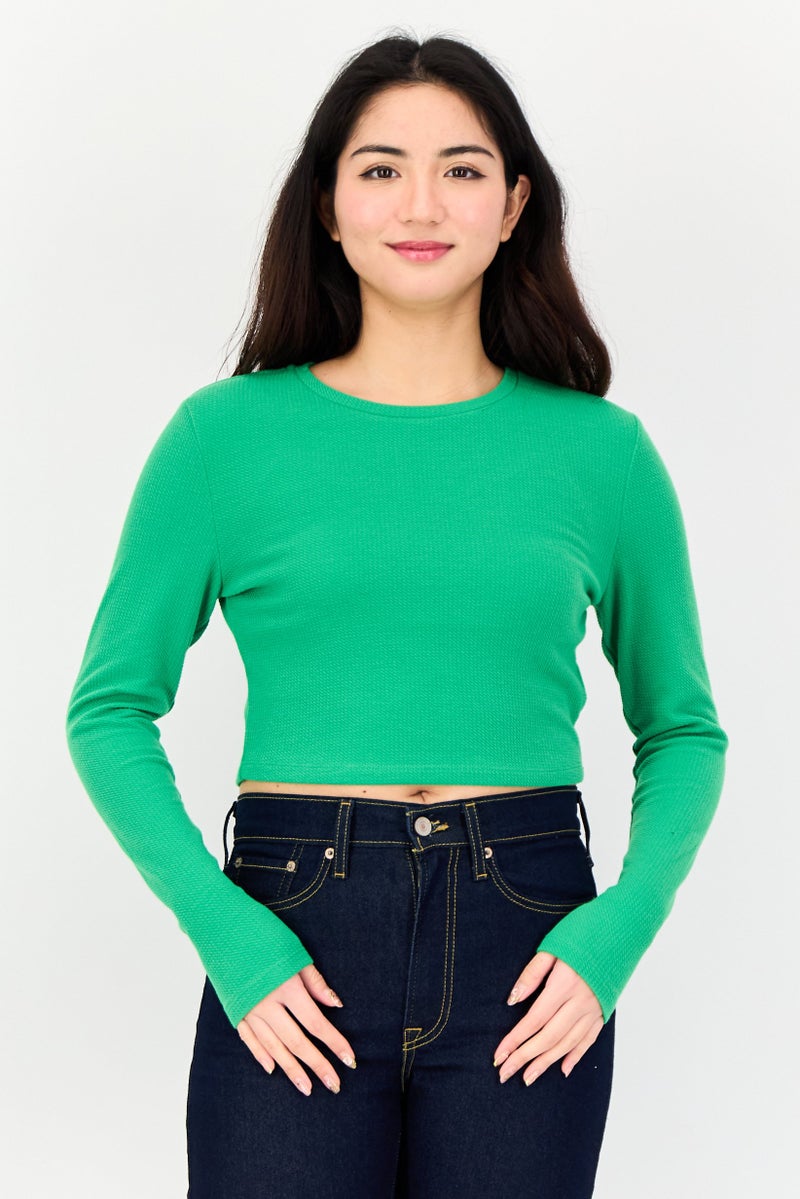 Reserved Women Round Neck Long Sleeve Textured Top, Green - Image 1