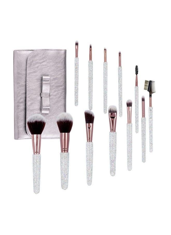 KEYPOWER - Makeup Brushes Bling Crystal Professional Face Cosmetics Blending Liquid Foundation Powder Concealer Eye Shadows Make Up Beauty Tool Glitter with Pouch Bag Kit Purely Handmade (12PCS) (White) - Image 1