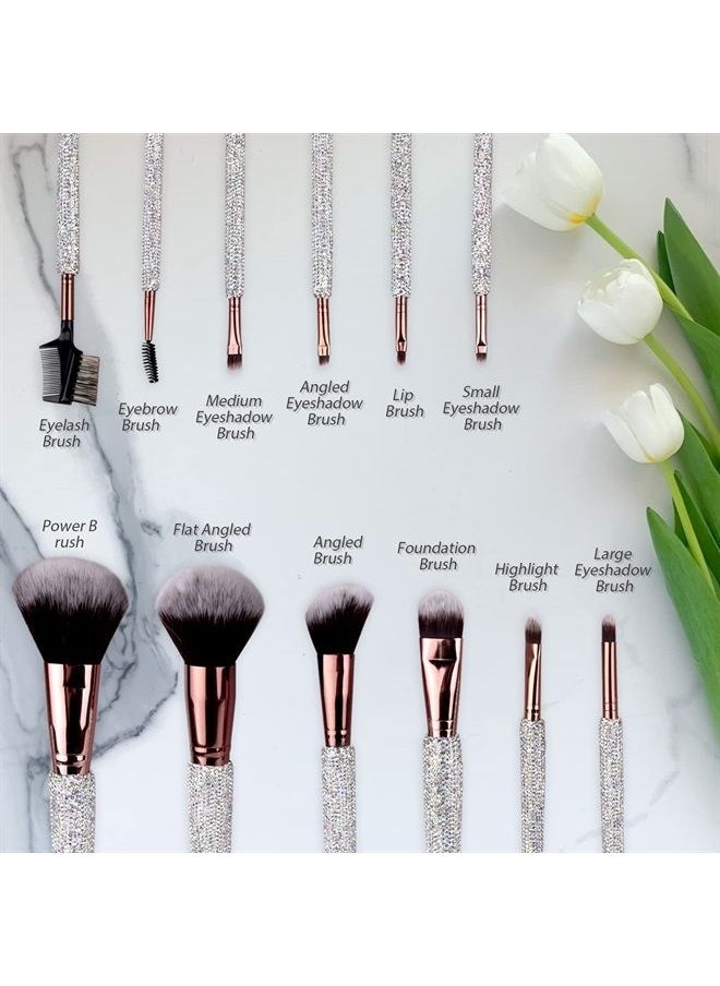KEYPOWER - Makeup Brushes Bling Crystal Professional Face Cosmetics Blending Liquid Foundation Powder Concealer Eye Shadows Make Up Beauty Tool Glitter with Pouch Bag Kit Purely Handmade (12PCS) (White) - Image 1