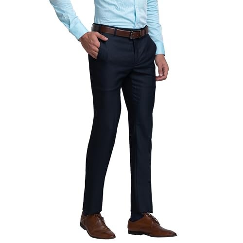 Raymond Men Slim Fit Solid Pattern Poly Viscose Blend Pleatless Formal Trouser (Size: 32)-RMTS04720-B8 Dark Blue - Image 2