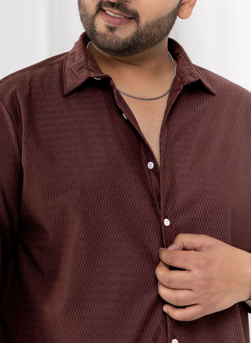 Instafab Plus Instafab Plus Men's Chocolate Brown Solid Honeycomb Shirt For Casual Wear | Spread Collar | Long Cuffed Sleeves | Button Closure | Plus Size Shirt Crafted With Comfort Fit For Everyday Wear