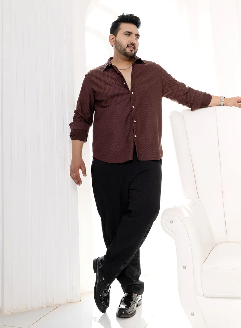 Instafab Plus Instafab Plus Men's Chocolate Brown Solid Honeycomb Shirt For Casual Wear | Spread Collar | Long Cuffed Sleeves | Button Closure | Plus Size Shirt Crafted With Comfort Fit For Everyday Wear