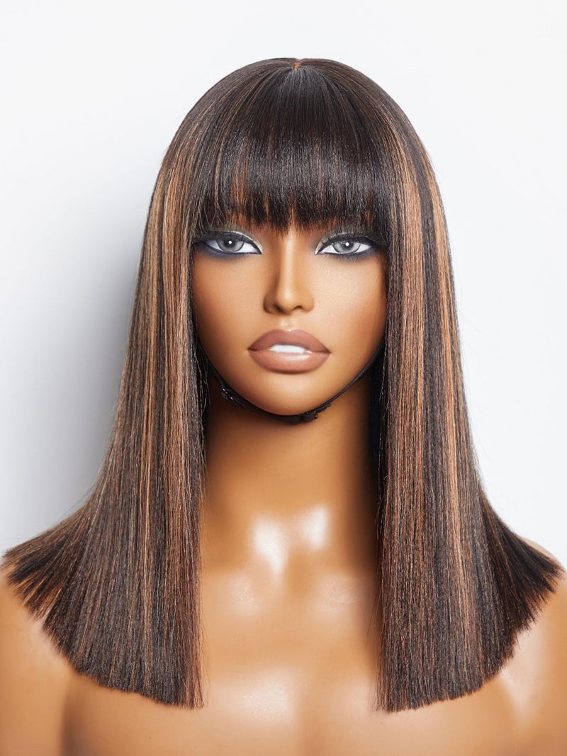 LUVME HAIR 14 Inch Yaki Straight Bob Wig with Bangs Human Hair Glueless HD Lace Bob Wig with Brown Highlights Ready to Go Short Wigs For Women 180 Density Breathable Cap