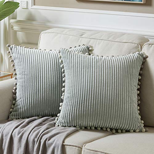 Fancy Homi Pack of 2 Farmhouse Decorative Throw Pillow Covers with Pompoms Soft Corduroy Accent Solid Square Cushion Case Set for Couch Sofa Bedroom Car Living Room 16x16 Inch40x40 cm Grey - Image 1