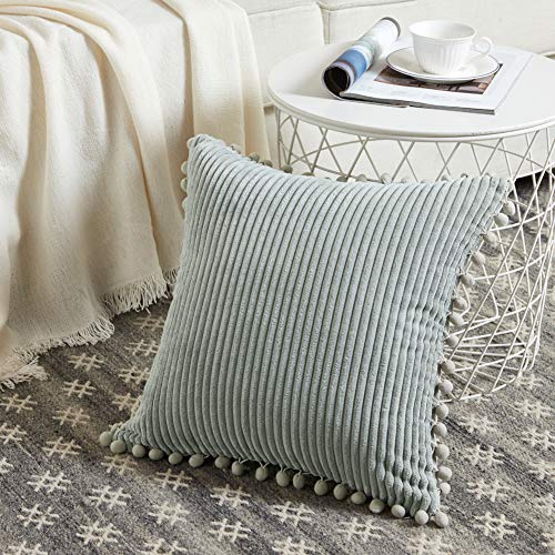 Fancy Homi Pack of 2 Farmhouse Decorative Throw Pillow Covers with Pompoms Soft Corduroy Accent Solid Square Cushion Case Set for Couch Sofa Bedroom Car Living Room 16x16 Inch40x40 cm Grey - Image 3