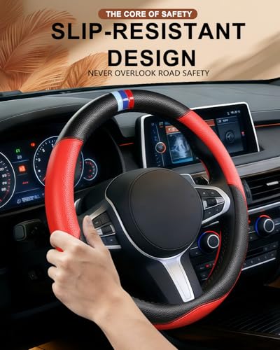 OHHMNKK Customized Auto Car Steering Wheel Cover for BMW X1,X2,X3,X4,X5,X6,X7,i3,i4,i5,i8 535i 740Li 335i M3 M4 M5 Z1 Z3 Z4 Z5 Mini (Red) - Image 2