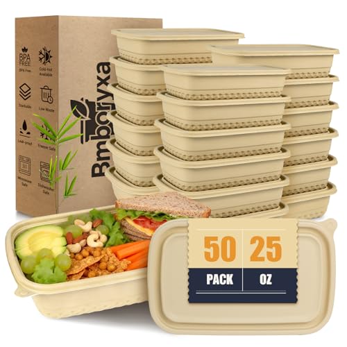 Bmboryxa 50Pack Meal Prep Containers Reusable with Lids, 25oz Bamboo-Powder Food Containers for Lunch Portion Control To Go Takeout Party Supplies, Safe for Microwave Freezer Dishwasher - Image 1