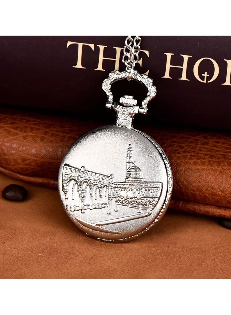 Bab Marrakech Boutique Vintage Pocket Watch Necklace with Arabic Numerals – Quartz Pendant Watch with Mosque Engraved Cover, Classic Chain Watch for Men & Women - Image 4