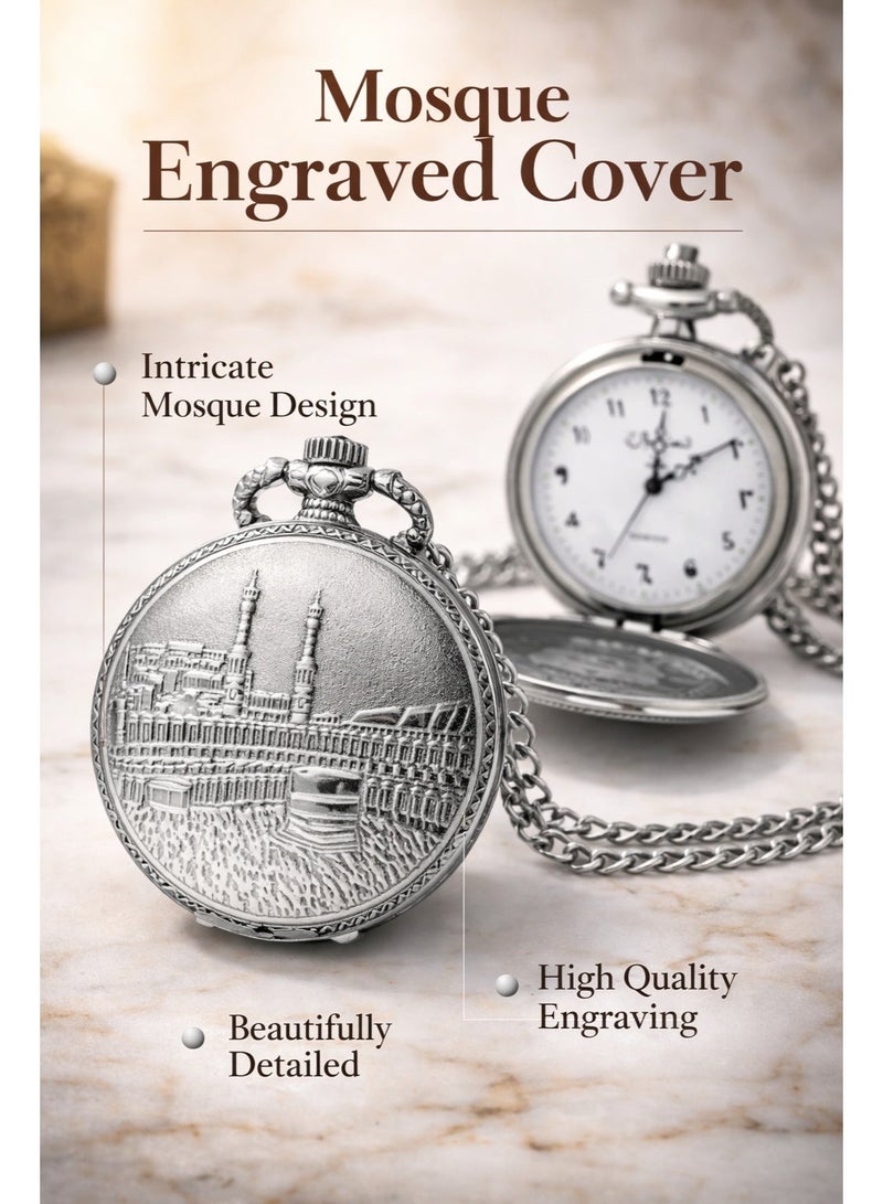 Bab Marrakech Boutique Vintage Pocket Watch Necklace with Arabic Numerals – Quartz Pendant Watch with Mosque Engraved Cover, Classic Chain Watch for Men & Women - Image 2