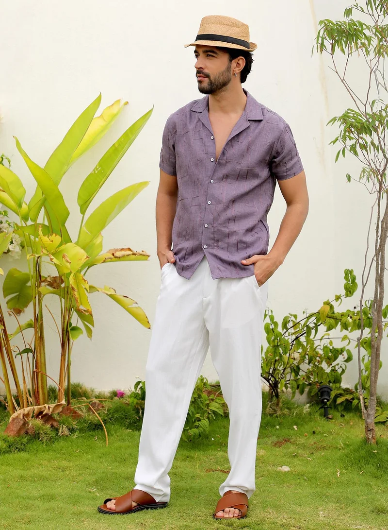 Campus Sutra Men's Plum Purple Embroidered Heathered Shirt
