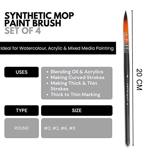 Artright Artist Mop Brush Set of 4 - Sizes 0, 2, 4, 8 | Black Synthetic Bristles | Soft Mop Paintbrush for Watercolor & Acrylic Painting - Image 3
