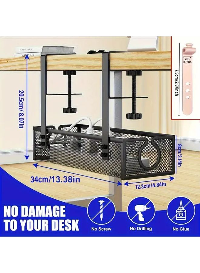 Under Desk Cable Management Tray No Drill Mesh Wire Organizer Box Black - Image 3