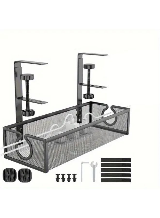 Under Desk Cable Management Tray No Drill Mesh Wire Organizer Box Black - Image 1