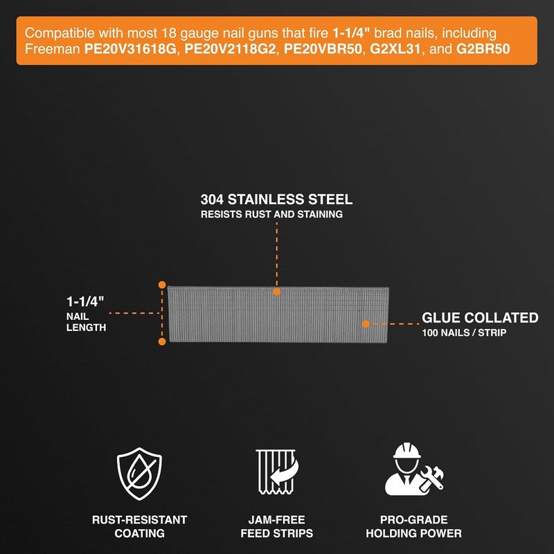 Freeman 18-Gauge 1-1/4" Stainless Steel Glue Collated 18 GA Brad Nails – 1,000 Count – For Interior & Exterior Trim, Moulding, and Baseboards – Corrosion-Resistant - Image 4