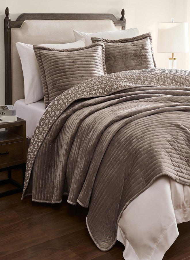 WDCOZY Velvet Queen Size Quilt Set - Beige Striped Soft Lightweight Bedspread, Tan Neutral Channel Farmhouse Country Rustic Coverlet, Taupe Camel Modern Bedding Kakhi Warm Thin Comforter, 3 Pieces - Image 4