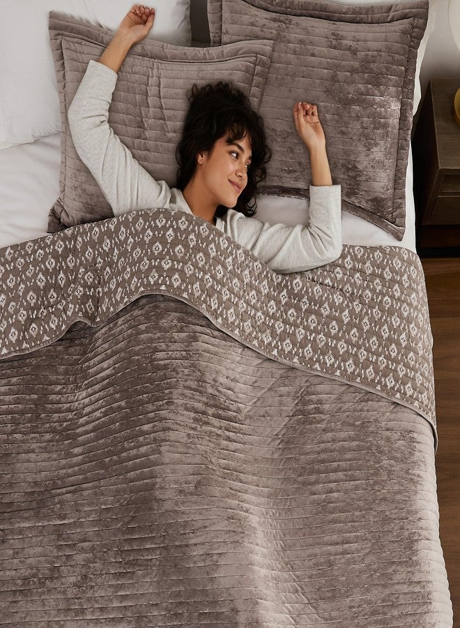 WDCOZY Velvet Queen Size Quilt Set - Beige Striped Soft Lightweight Bedspread, Tan Neutral Channel Farmhouse Country Rustic Coverlet, Taupe Camel Modern Bedding Kakhi Warm Thin Comforter, 3 Pieces - Image 2