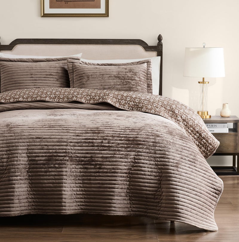 WDCOZY Velvet Queen Size Quilt Set - Beige Striped Soft Lightweight Bedspread, Tan Neutral Channel Farmhouse Country Rustic Coverlet, Taupe Camel Modern Bedding Kakhi Warm Thin Comforter, 3 Pieces - Image 1