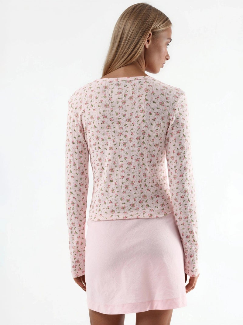 BUSEM Floral Ribbed Crop Blouse with Button Closure - Image 4
