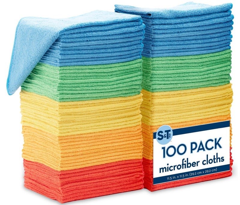 S&T INC. 100 Pack Microfiber Cleaning Cloth, Bulk Towels for Home, Reusable Microfiber Towels for Cars, Cleaning Rags, Assorted, 11.5 Inches x 11.5 Inches, 100 Count