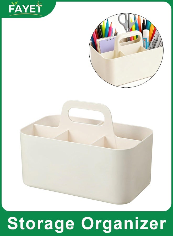 FAYET Portable Multipurpose Caddy Organizer with 5 Adjustable Dividers, Stackable Plastic Storage Basket with Handle for Baby Essentials, Office Supplies & Makeup (White) - Image 1