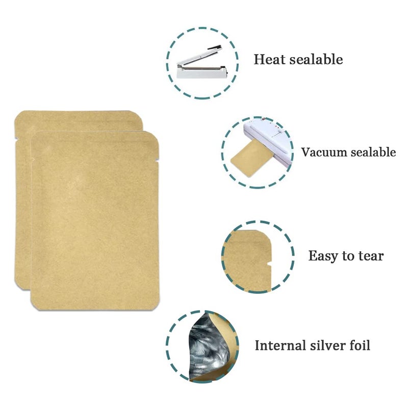 FERENLI 100 Pieces 3.1x4.7 inch (Usable Size 2.7x4.3 inch) Kraft Paper Open Top Vacuum Sealable Bags Mylar Foil Heat Seal Pouches for Sample Food Storage Packaging with Tear Notches - Image 5
