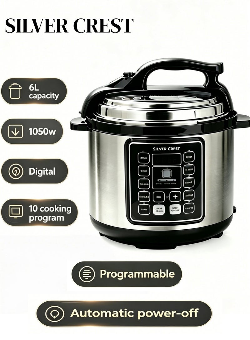 SILVER CREST Smart Pot Essentials 1050W, 6L, 10 In 1 Electric Pressure Cooker, Slow Cooker,Rice Cooker, Steamer, Sauté Pot & More, 10 Smart Programs, 2-Year Warranty - Image 1