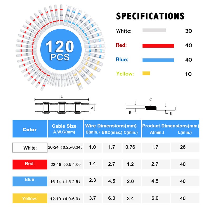 Kuject Heat Shrink Solder Seal Wire Connectors Kit 120PCS, Waterproof Butt Connector Heat Shrink Electrical Terminals, Insulated Solderless Wiring Splice Connectors for Marine Automotive Boat Truck - Image 2