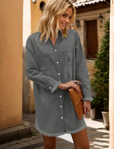 Zilcremo Women Denim Shirt Dresses Long Sleeve Distressed Jean Dress Button Down Casual Tunic Top Grey L - Image 4