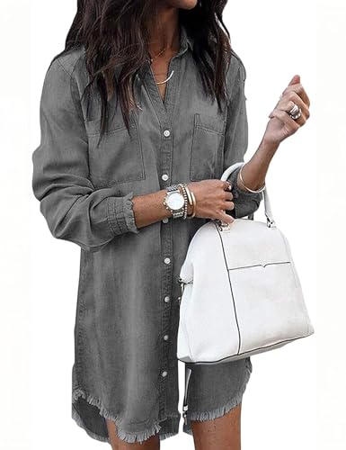 Zilcremo Women Denim Shirt Dresses Long Sleeve Distressed Jean Dress Button Down Casual Tunic Top Grey L - Image 1