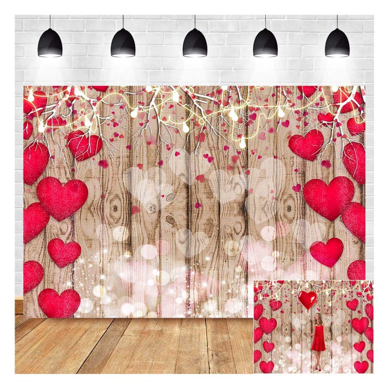 Qian Vintage Rustic Wood Photography Backdrops Red Love Heart Valentine's Day Photo Background 5X3ft Mother's Day Wedding Bridal Shower Wedding Anniversary Party Girl Birthday Decor Supplies Vinyl - Image 1