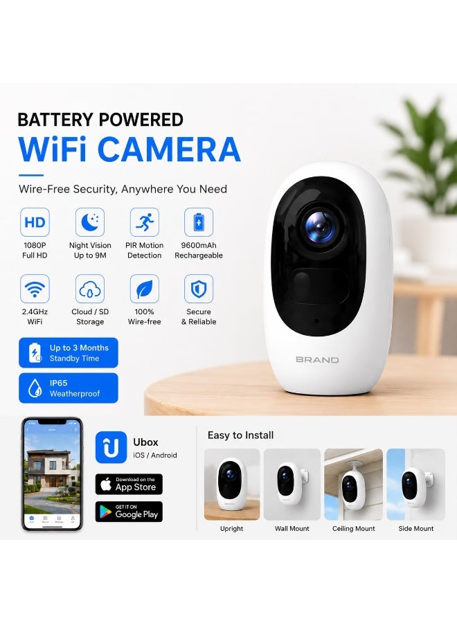 1080P Battery Powered WiFi Security Camera Outdoor Wireless IP Camera with HD Night Vision, AI Motion Detection, Two-Way Audio, Rechargeable Battery, IP65 Waterproof, Remote App Monitoring, SD Card Support - Image 2