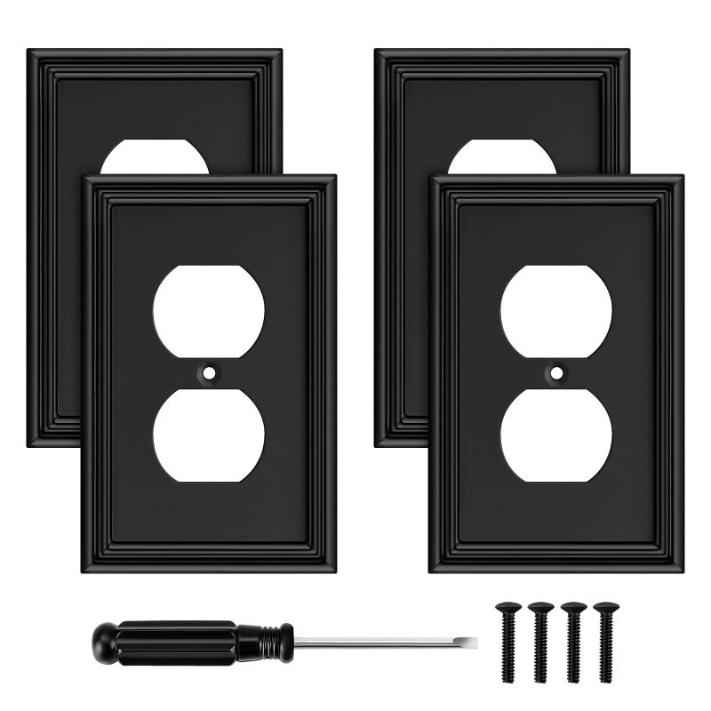 Black Modern Decorative Outlet Covers Wall Plate Electrical Switch Plates and Receptacle Outlet Covers Bamboo Fiber Material Wall Plates for Kitchen Bathroom 1 Gang Duplex Outlet4 Pack