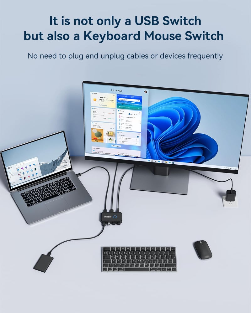 ABLEWE USB 3.0 Switch, ABLEWE KVM Switch Selector 2 Computers Sharing 4 Devices KVM Switcher for PC, Printer, Scanner, Mouse, Keyboard with 2 Pack USB Cable,1 Micro USB Power Cable - Image 3