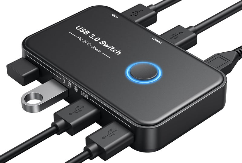 ABLEWE USB 3.0 Switch, ABLEWE KVM Switch Selector 2 Computers Sharing 4 Devices KVM Switcher for PC, Printer, Scanner, Mouse, Keyboard with 2 Pack USB Cable,1 Micro USB Power Cable - Image 1