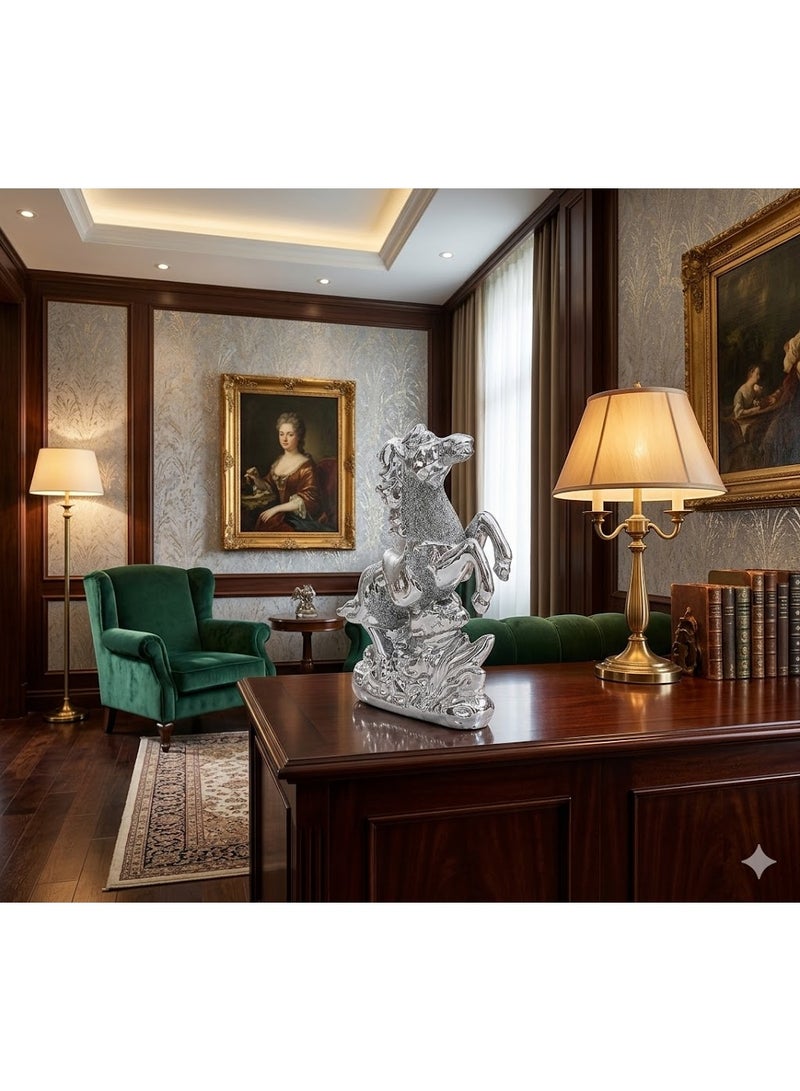 Luxury Silver Rearing Horse Statue - Shiny Chrome Arabic Horse Figurine with Shimmering Glitter Accents - Elegant Tabletop Sculpted Ornament for Modern Home, Office Desk & Shelf Decor - Image 2