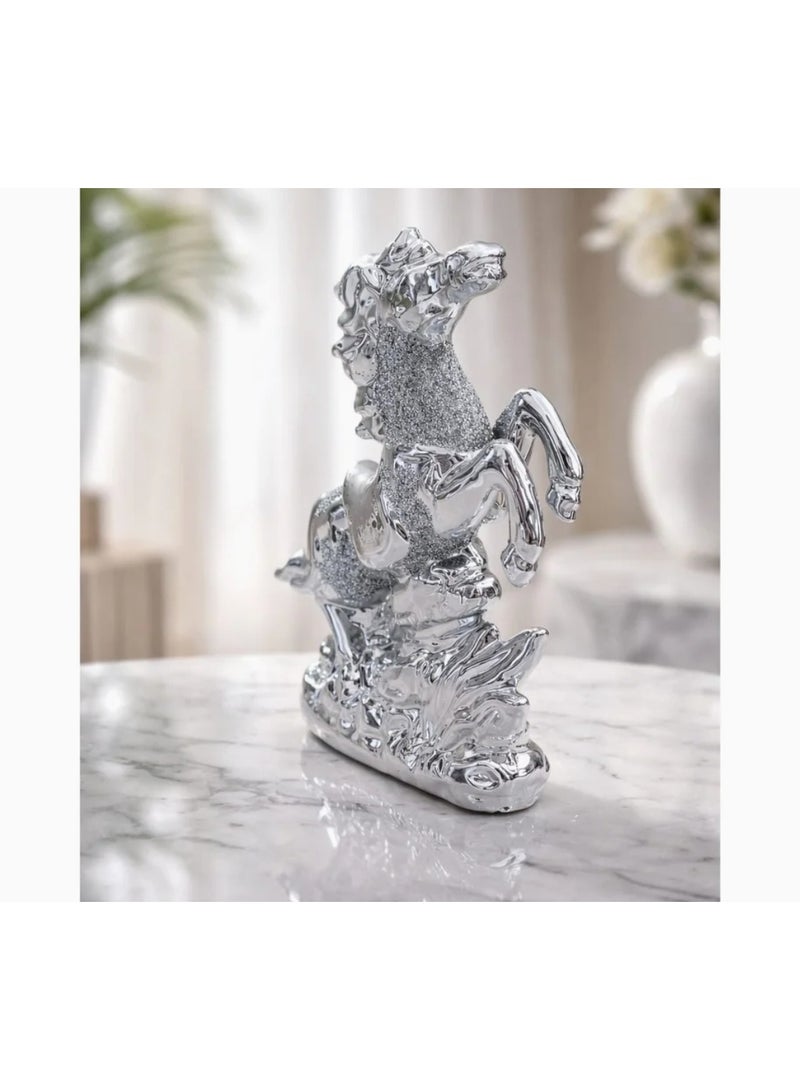 Luxury Silver Rearing Horse Statue - Shiny Chrome Arabic Horse Figurine with Shimmering Glitter Accents - Elegant Tabletop Sculpted Ornament for Modern Home, Office Desk & Shelf Decor - Image 1