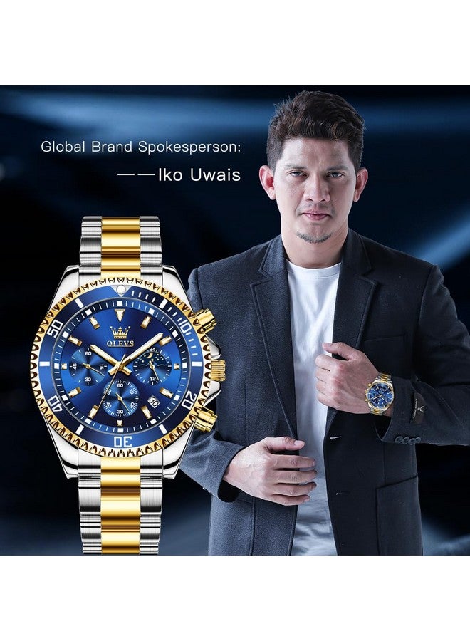 OLEVS Mens Watches Chronograph Quartz Blue Moon Phase Luxury Dress Two Tone Stainless Steel Waterproof Luminous Business Date Calendar Wrist Watch - Image 2