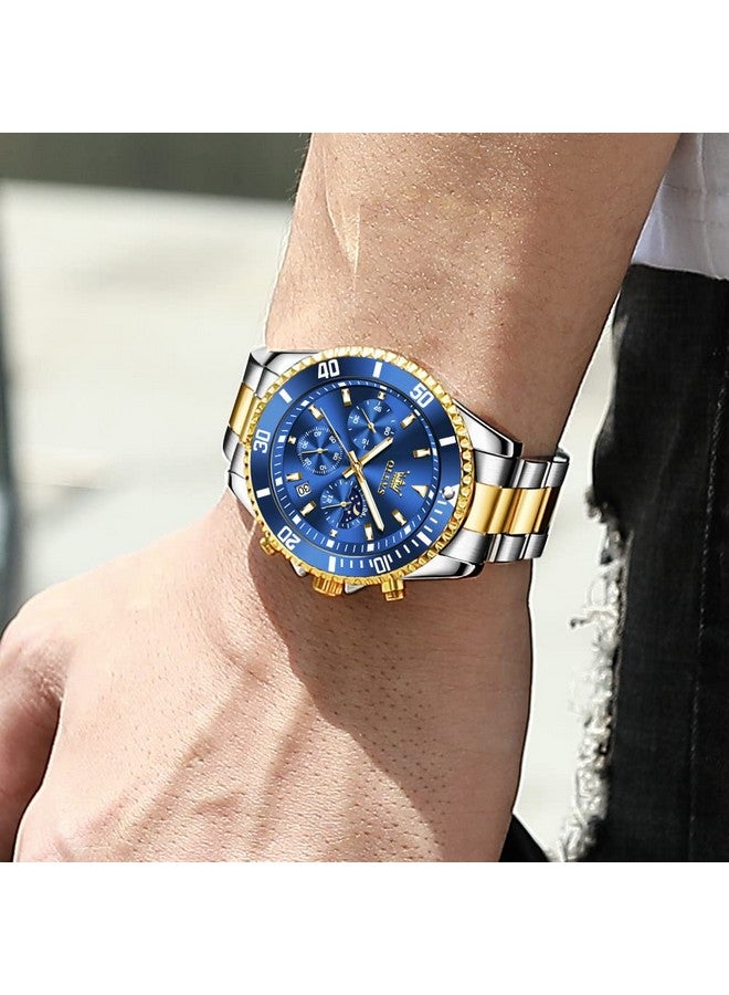 OLEVS Mens Watches Chronograph Quartz Blue Moon Phase Luxury Dress Two Tone Stainless Steel Waterproof Luminous Business Date Calendar Wrist Watch - Image 3