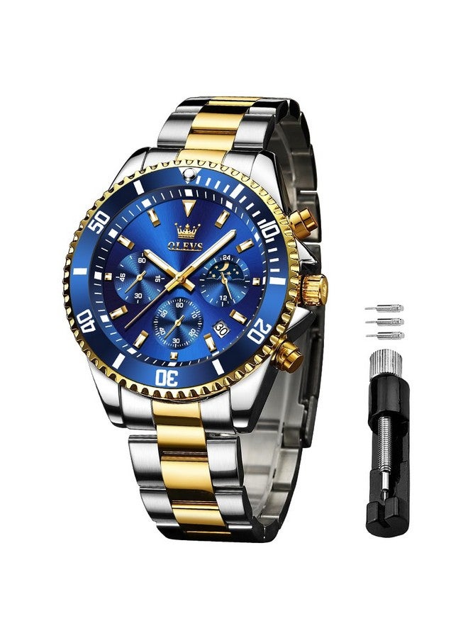 OLEVS Mens Watches Chronograph Quartz Blue Moon Phase Luxury Dress Two Tone Stainless Steel Waterproof Luminous Business Date Calendar Wrist Watch - Image 1