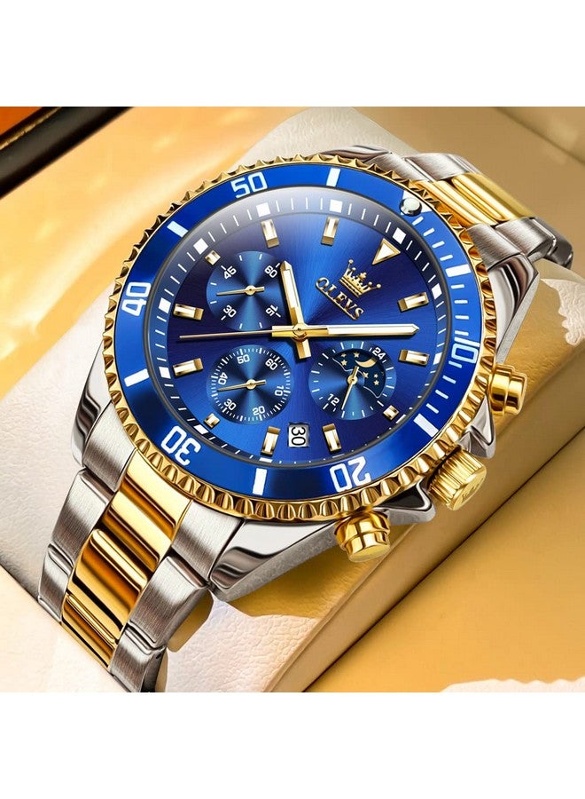 OLEVS Mens Watches Chronograph Quartz Blue Moon Phase Luxury Dress Two Tone Stainless Steel Waterproof Luminous Business Date Calendar Wrist Watch - Image 4