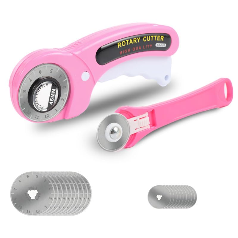VortecSys Rotary Cutter for Fabric, 45mm and 28mm Rotary Cutters Kit with Extra 10 Blades, Ergonomic Rolling Cutter with Safety Lock, Suitable for Leather, Crafting, Sewing, and Quilting Fabric (Pink) - Image 1
