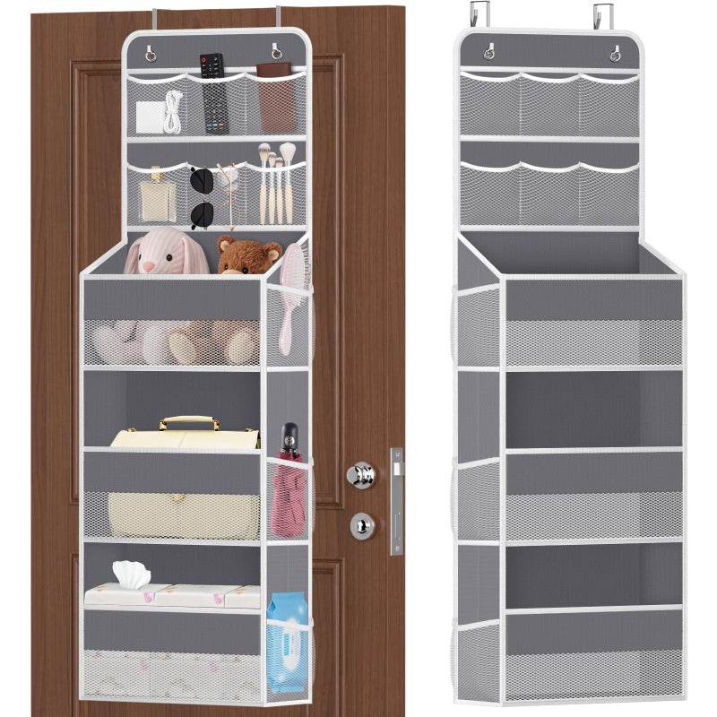 SpaceHacks 5-Tier Over The Door Organizer with Mesh Pockets, Baby Nursery Storage for Closet, Bathroom and Bedroom, Adjustable Hanging Closet Organizer for Cosmetics, Books and Essentials (Dark Grey) - Image 1