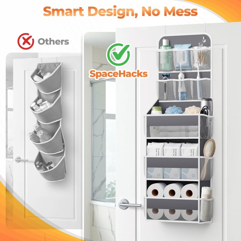 SpaceHacks 5-Tier Over The Door Organizer with Mesh Pockets, Baby Nursery Storage for Closet, Bathroom and Bedroom, Adjustable Hanging Closet Organizer for Cosmetics, Books and Essentials (Dark Grey) - Image 4