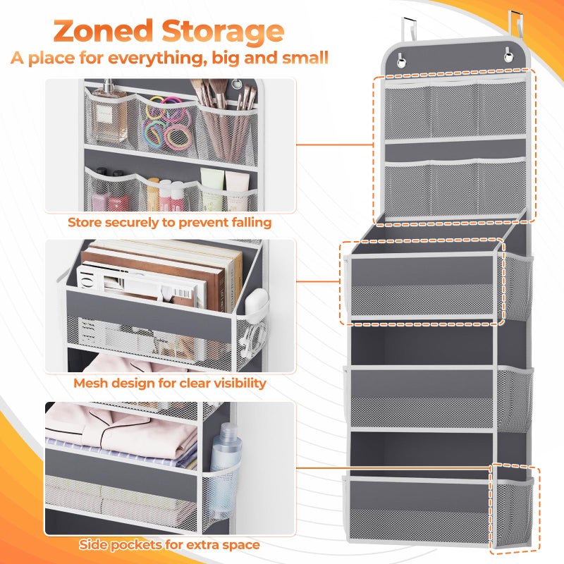 SpaceHacks 5-Tier Over The Door Organizer with Mesh Pockets, Baby Nursery Storage for Closet, Bathroom and Bedroom, Adjustable Hanging Closet Organizer for Cosmetics, Books and Essentials (Dark Grey) - Image 3