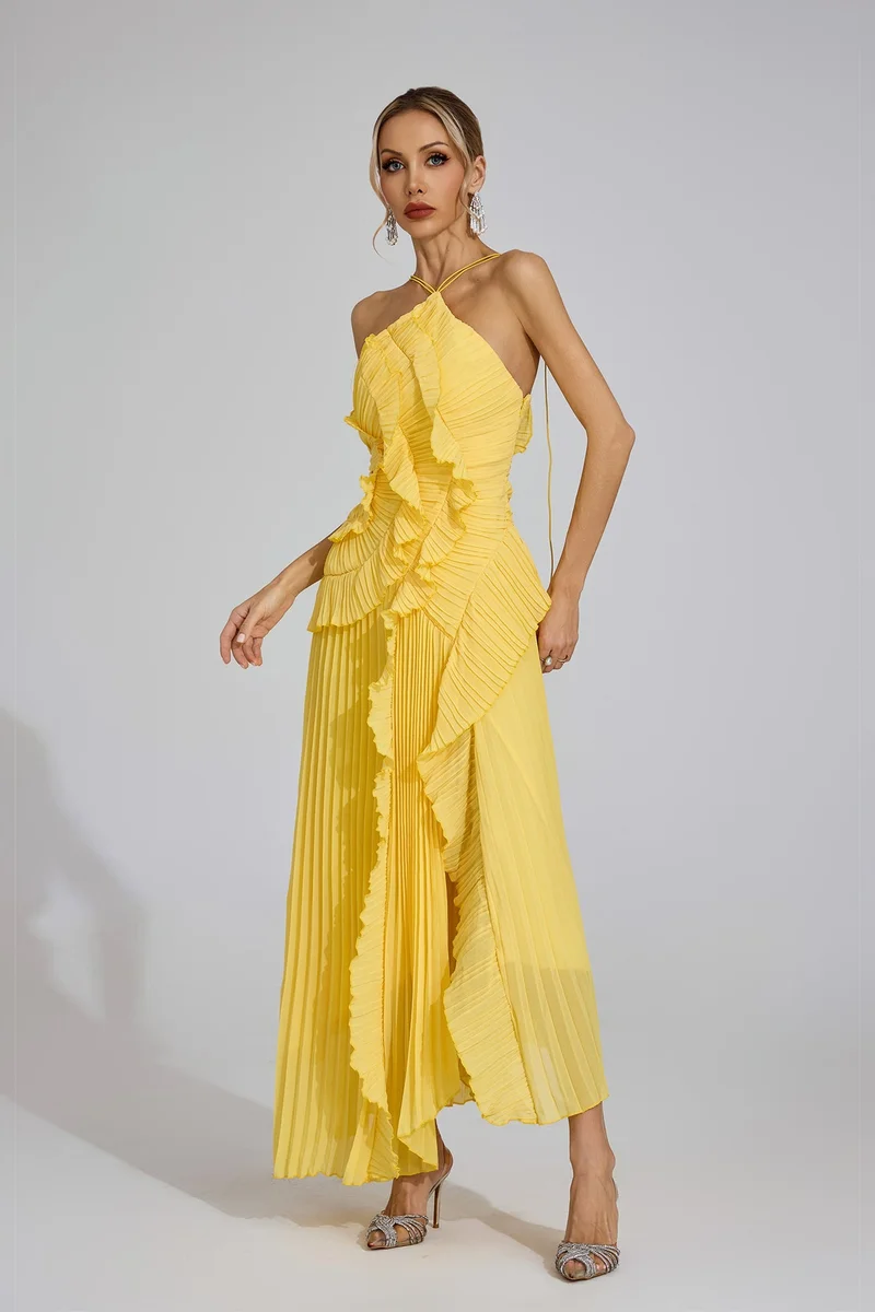 Catchall Yellow Moses Asymmetric Pleated Halter Dress for Women | Best Price UAE