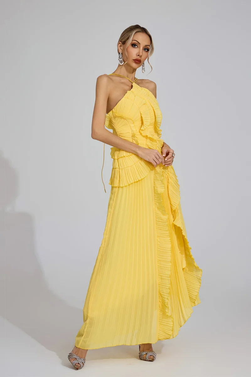 Catchall Yellow Moses Asymmetric Pleated Halter Dress for Women | Best Price UAE