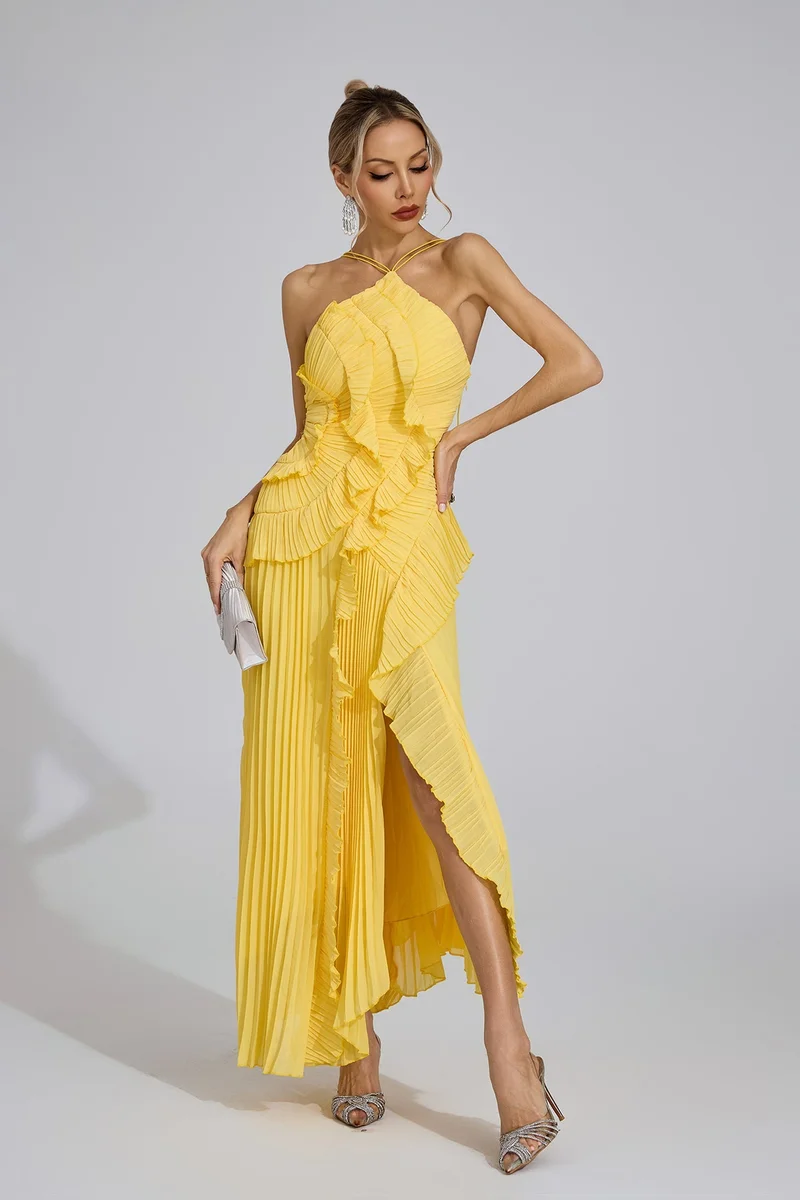Catchall Yellow Moses Asymmetric Pleated Halter Dress for Women | Best Price UAE