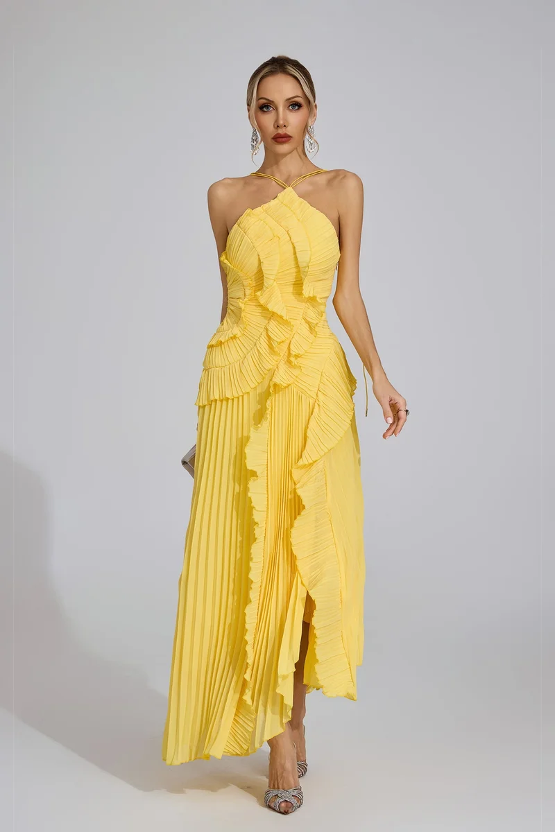 Catchall Yellow Moses Asymmetric Pleated Halter Dress for Women | Best Price UAE